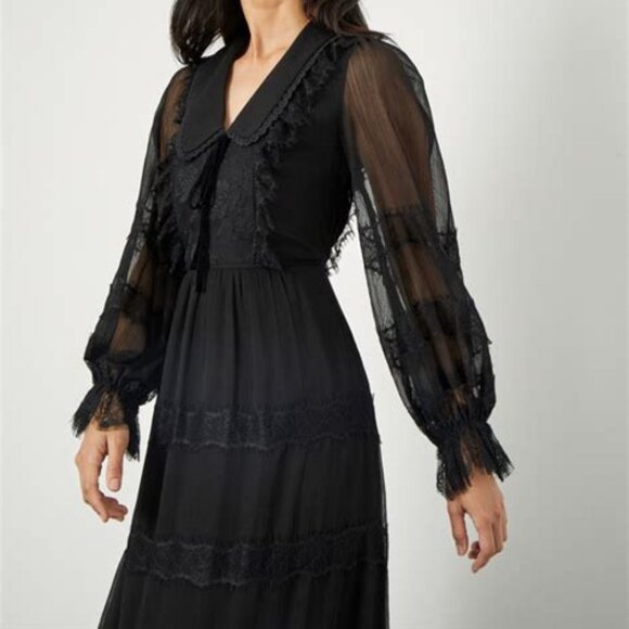 LACE TRIM COLLARED  AND LINED MAXI DRESS V-NECK ZIP CLOSURE & BUTTON FASTEN - Picture 3 of 5